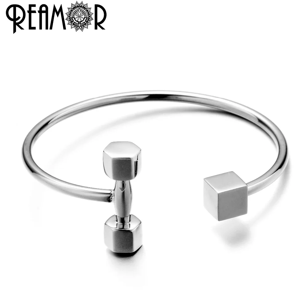 REAMOR Dumbbell Open Cuff Bangle Stainless Steel Sport Bracelets For Male Jewelry High Quality Men Cuff Charms Bangles Gifts