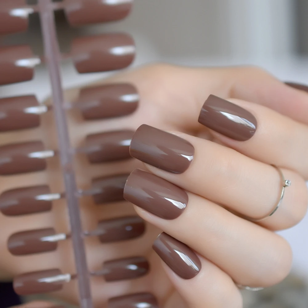 Café marrom unhas falsas ponta de chocolate efeito uv falso prego cobertura completa comprimento médio quadrado abs artificial diy manicure do prego