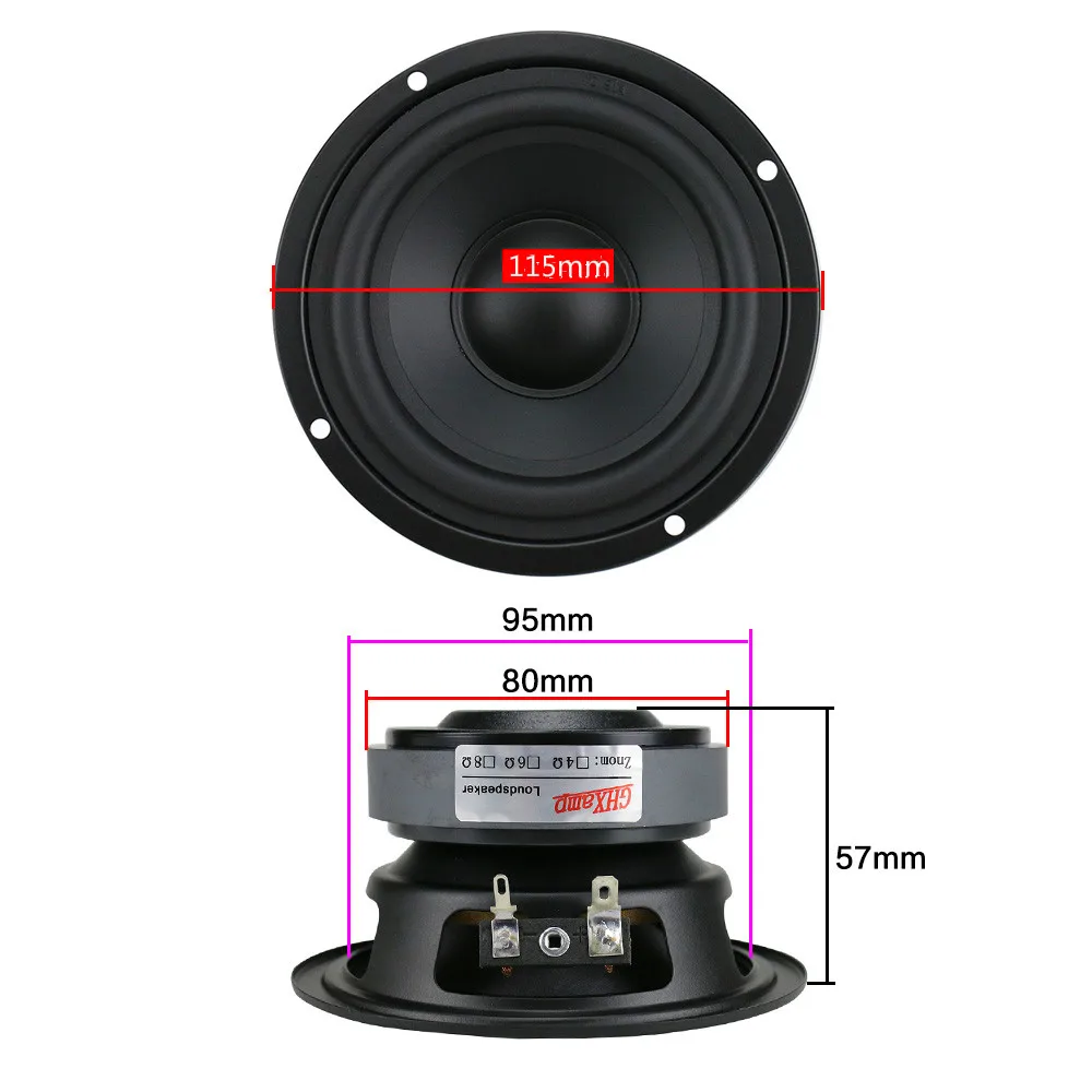 GHXAMP 4,5 Zoll 115 mm Hifi-Mittelbass-Lautsprecher 80 W mittlerer Woofer-Lautsprecher für Bücherregal, Auto-Audio, Gummikante, 1 Stück