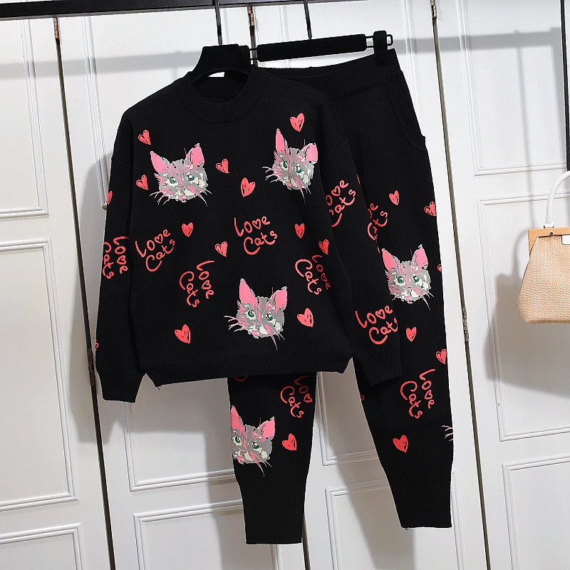 Chique Breisets 2019 Lente Herfst Schattige Kattentruien + Casual Broek Tweedelige Set Vrijetijdspak Voor Dames G065