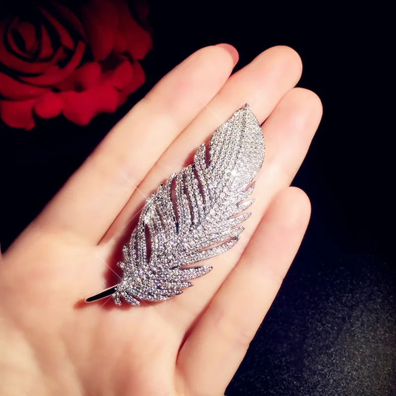 Luxury Brooches For Women Feather Cubic Zirconia Fine Jewelry Romantic Pin Accessories Simple High Quality Boutonniere