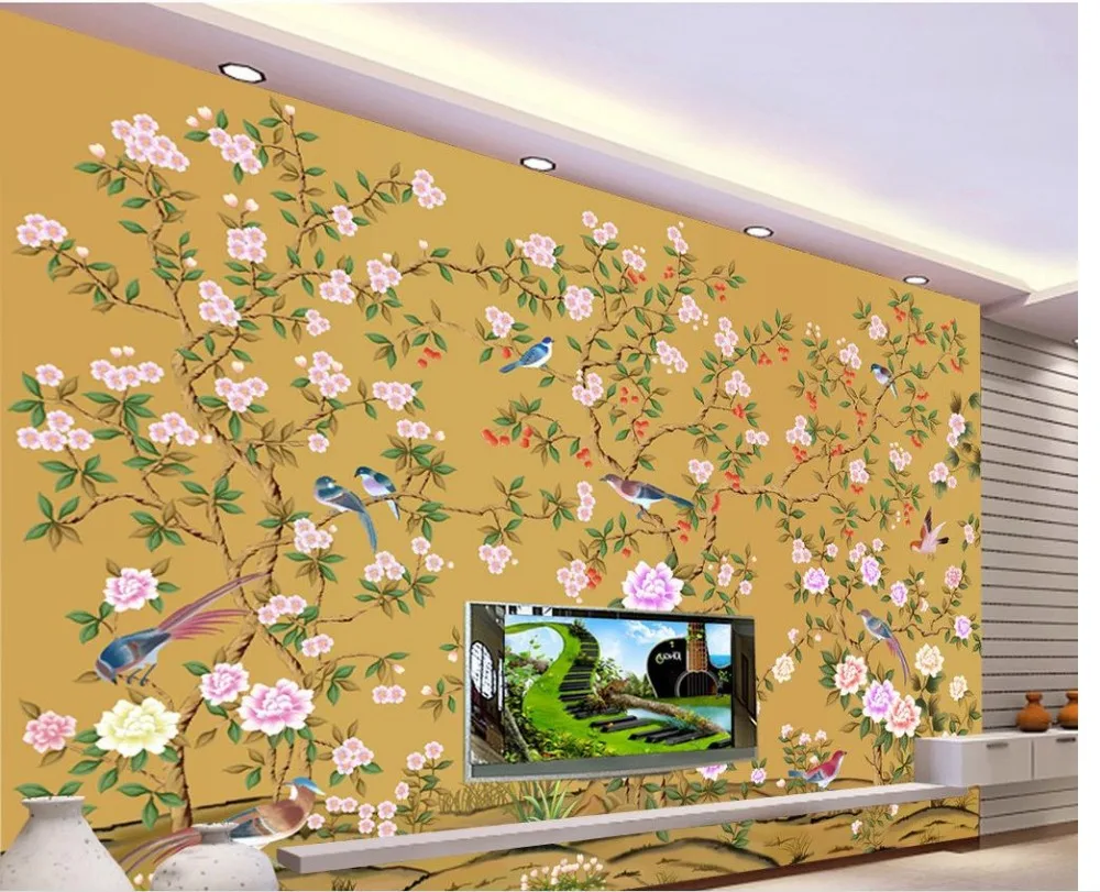 

wallpaper 3d mural Hand-painted flower Bird TV background wallpaper 3d mural wallpaper Home Decoration