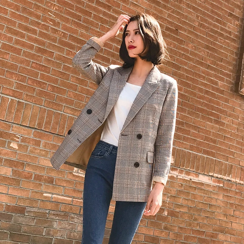 Vintage Notched Bouble Breasted Plaid Women Blazer Thicken Autumn Winter Jackets Female Retro Suits Coat Work high quality