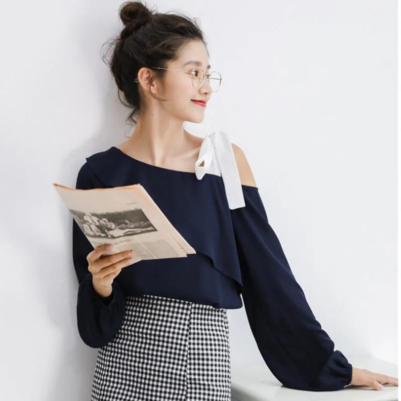 봄 세련된 쉬폰 셔츠 strapless 긴 소매 skew 칼라 블라우스 탑 여성 캐주얼 패션 preppy 스타일 학생 셔츠 h9177