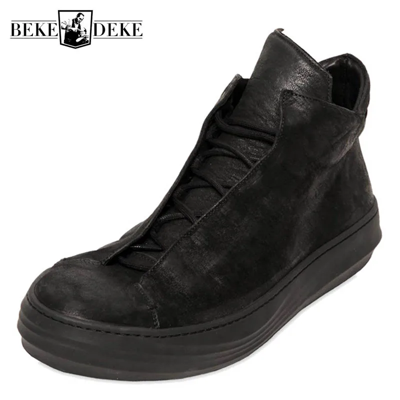 

Men Genuine Leather Boots Winter British Lace Up High Top Shoes Black Hip Hop Ankle Boots Fashion Flat Platform Sneakers Male