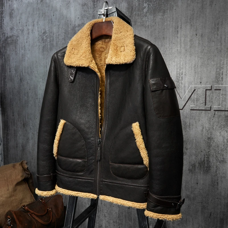 

B3 Jacket Men's Shearling Jacket Original Flying Jacket Men's Fur Coat Aviation Leathercraft Pilots Coat Dark Brown Light Brown