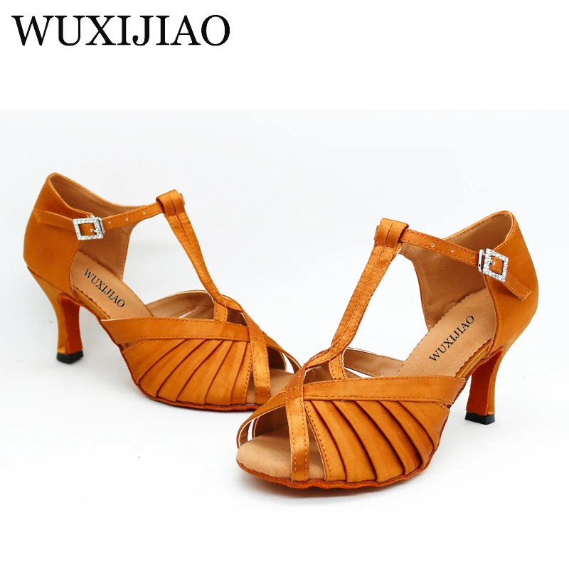 shengzixue women\'s latin dance shoes Rhinestone Size US 4-12 bronze Salsa Satin Shoes For Comfortable 9cm Heel Height Dancing