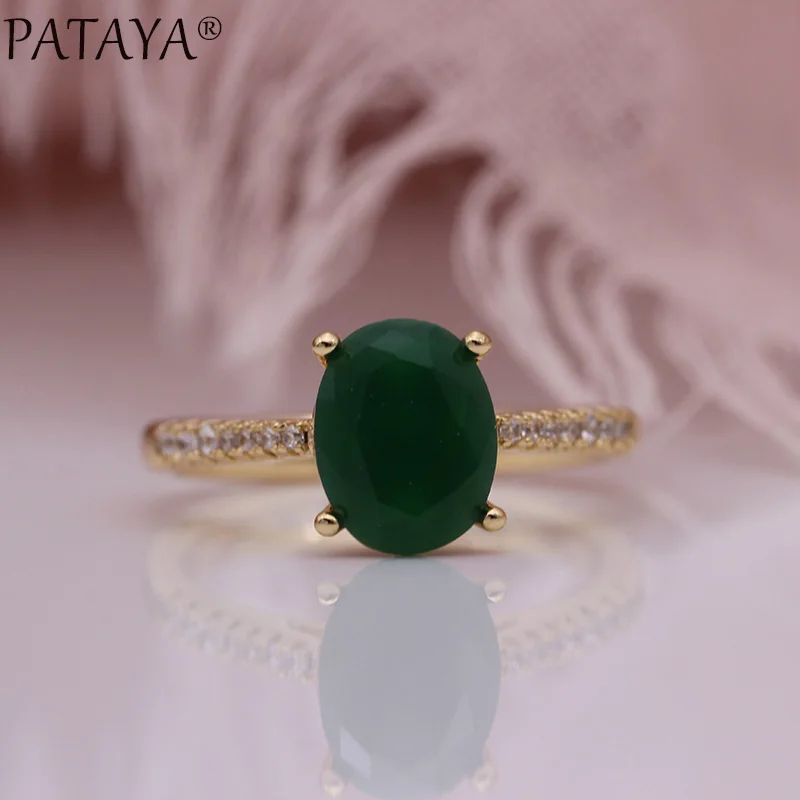 PATAYA New Green Natural Zircon Rings 585 Rose Gold Color Oval Cute Women Rings Romantic Engagement Wedding Fine Fashion Jewelry