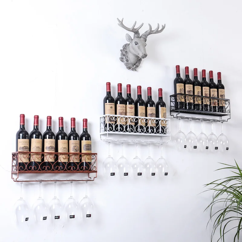 Wall Mounted Metal Wine Holder Racks for Bottles - Holds 6 Bottles With Glass holder