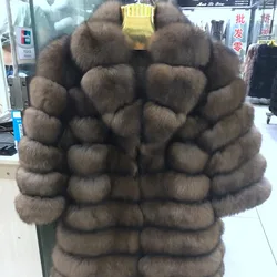 QIUNUOXI Suit Collar Winter Real Fox Fur Coat Thick Warm Imitation Sables Damska jasnobrązowa długa kurtka Futro z lisa