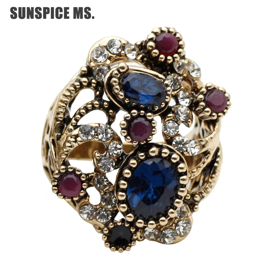 Promotion Turkish Women Vintage Ring Resin Finger Jewelry Antique Color Ethnic Hollow Flower Bridal Wedding Rings Indian Bijoux