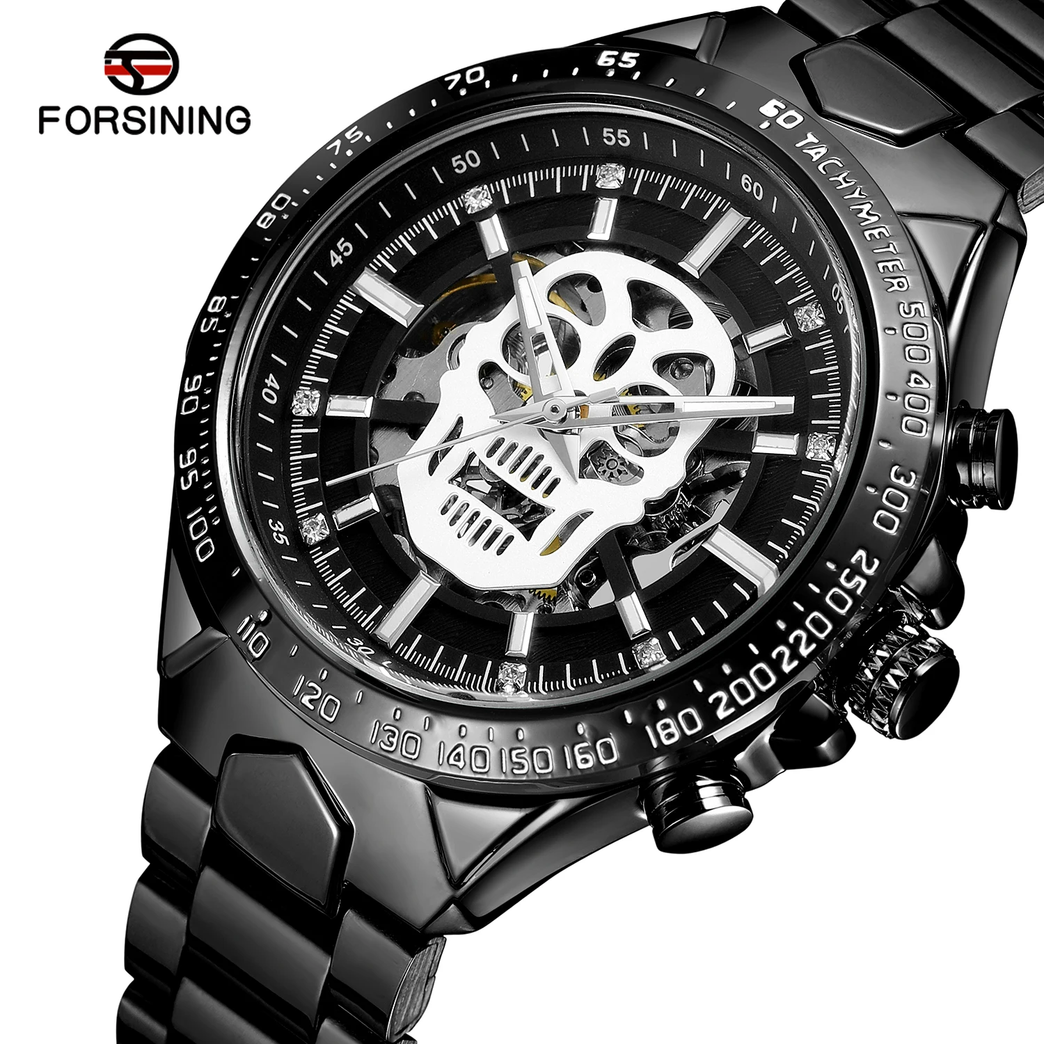 

Winner Top Brand Steampunk Series Luxury Golden Skull Skeleton Clock Black Stainless Steel Luminous Hands Men Automatic Watches