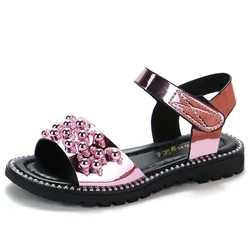 2022 Summer New Girl Rhineston Sandals Kids Child Fashion Bead Patent Leather Princess Sandals Party Shoe For Girls Big Shoe