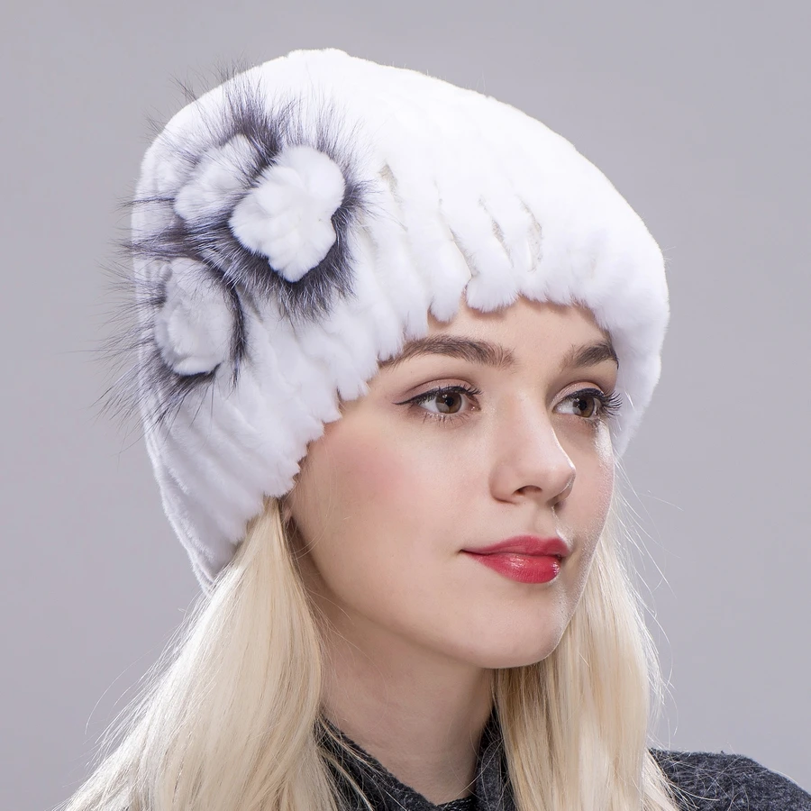 FXFURS winter women fur hat natural knitted rex rabbit silver fox fur caps fashion fur caps with floral brand female hat sale