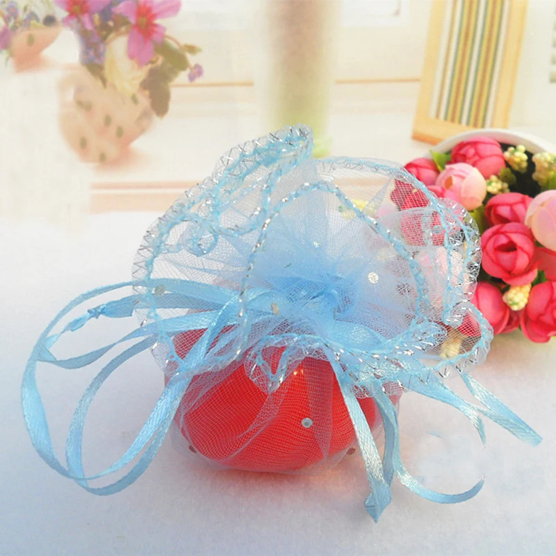 

26cm 100pcs Sky Blue Candy Bags For Wedding Round Christmas Organza Bags Gift Packaging Bags Women Drawstring Package Display