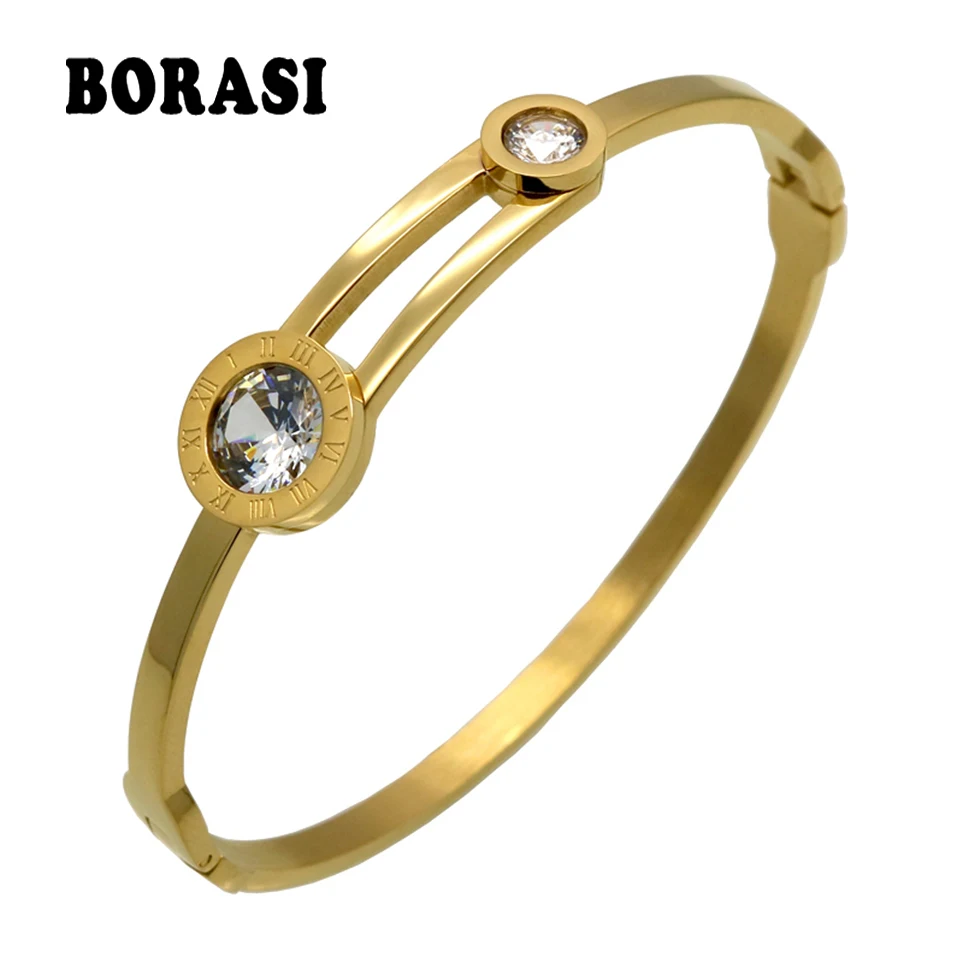 New Shiny Two Crystal Bracelet For Women Stainless Steel Gold Color Roman Bracelets Luxurious Love Bangles Jewelry Pulseira