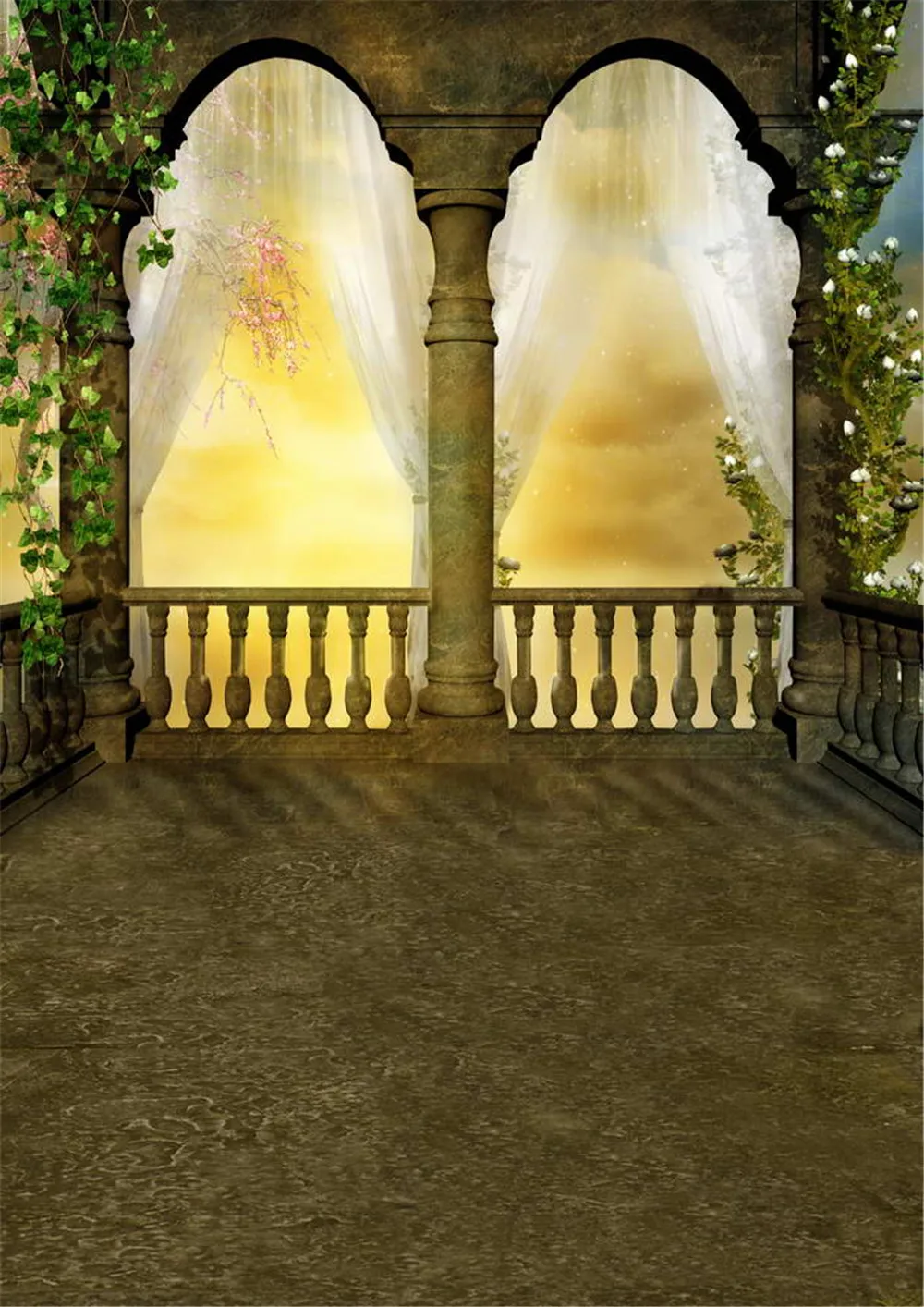 Vintage Pavilion Arched Pillars Wedding Backdrop for Photography Green Leaves White Flowers Curtain Fantasy Photo Backgrounds