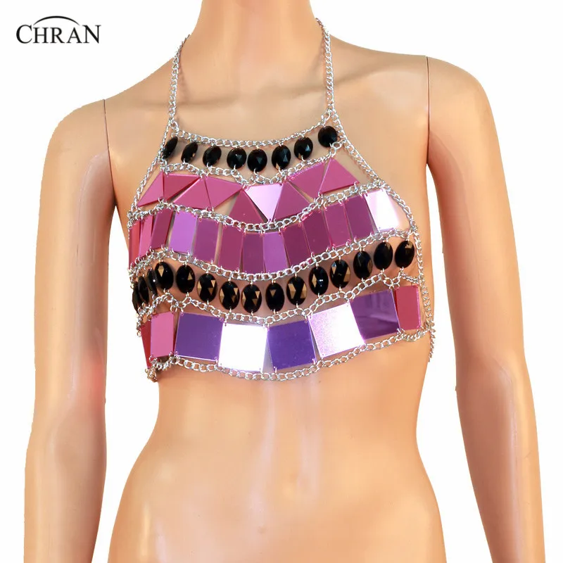 Chran Mirror Perspex Crop Top Chain Bra Harness Necklace EDC Body Lingerie Cosplay Bandeau Bralette Sonus Festival Jewelry CR802