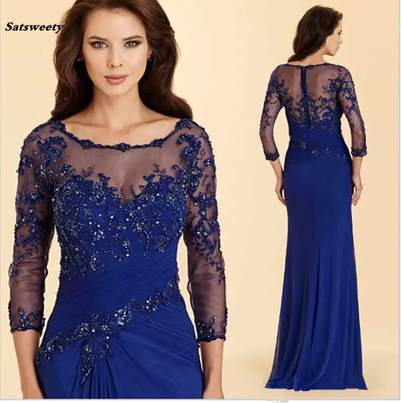 Robe de bal Vintage bleu Royal en mousseline de soie, de haute qualité, avec des appliques, robe de soirée formelle pour la mère de la mariée