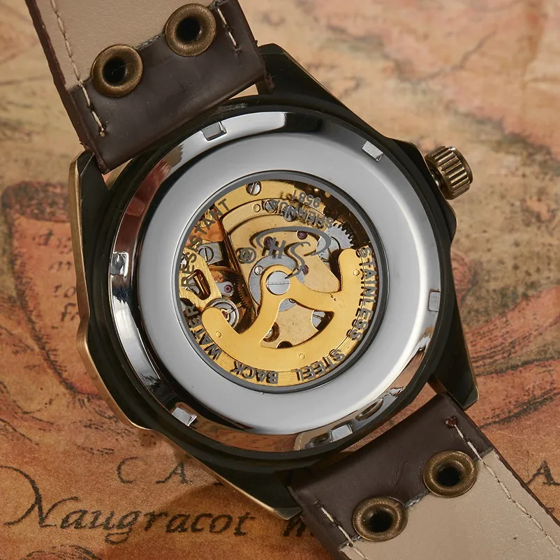 Retro Mechanical Watches Men Antique Bronze Skeleton Automatic Steampunk Leather Wristwatches Clock Male Relogio Masculino 2020