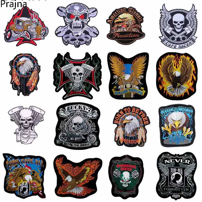 Prajna Skull Black Applique Clothes Large Embroidery Patch For Clothes Embroidered Punk Rock Patch Iron Biker patch Stalk D