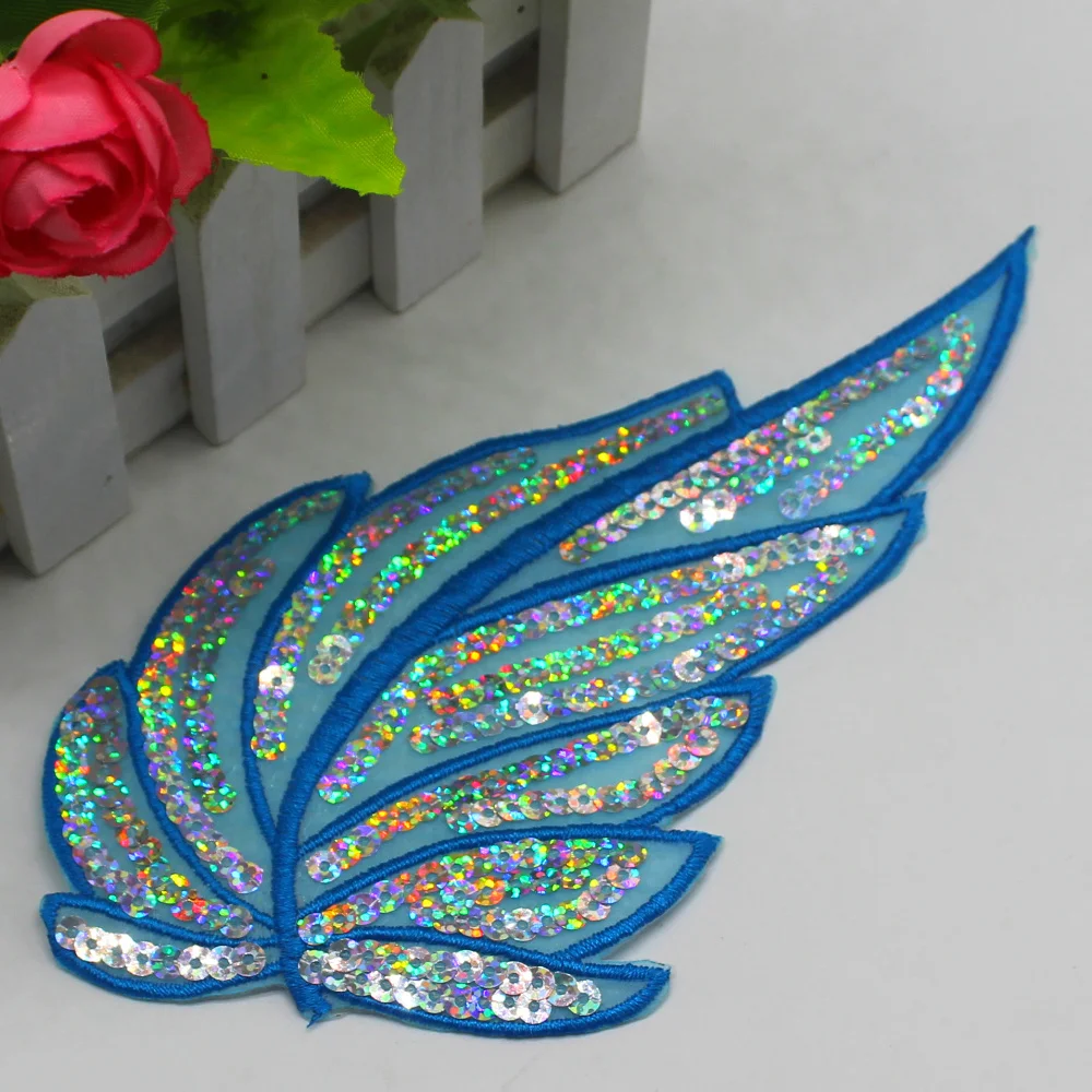 1 Piece Sequined Flower Appliqued Iron On Patches Sequin Embroidered Petals Pink Blue 16CM*8CM