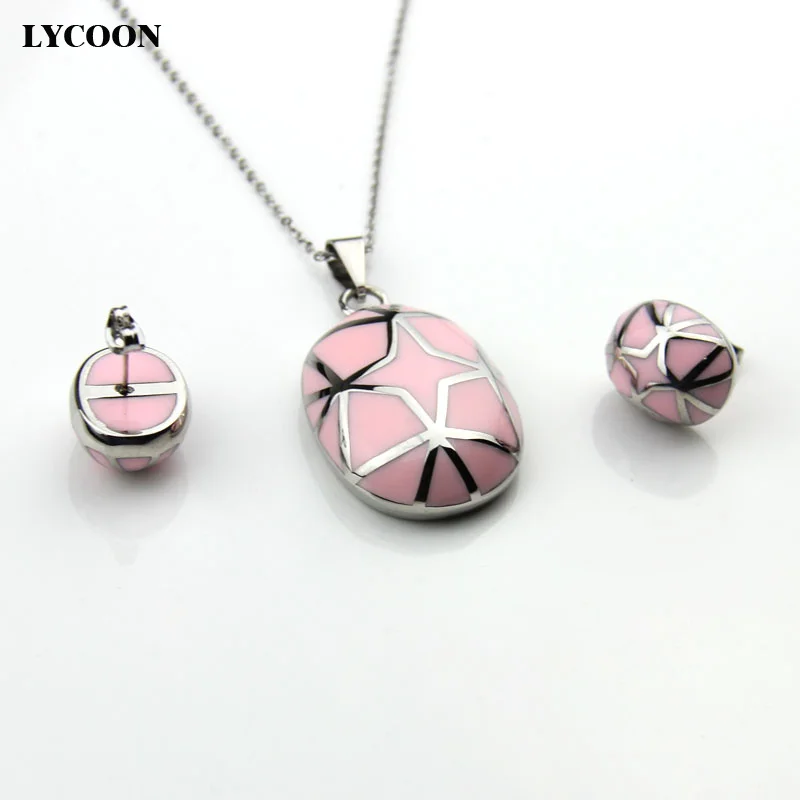 LYCOON newest stainless steel stars style oval pink resin pendant necklace enamel oval earrings jewelry set for women LYS012