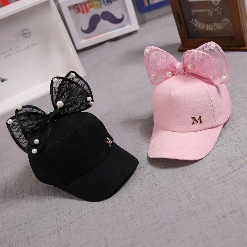 Casquette de baseball en maille pour enfants, chapeau de soleil pour enfants, snapback hip hop, oreilles de lapin, gros nœud perlé, printemps et été