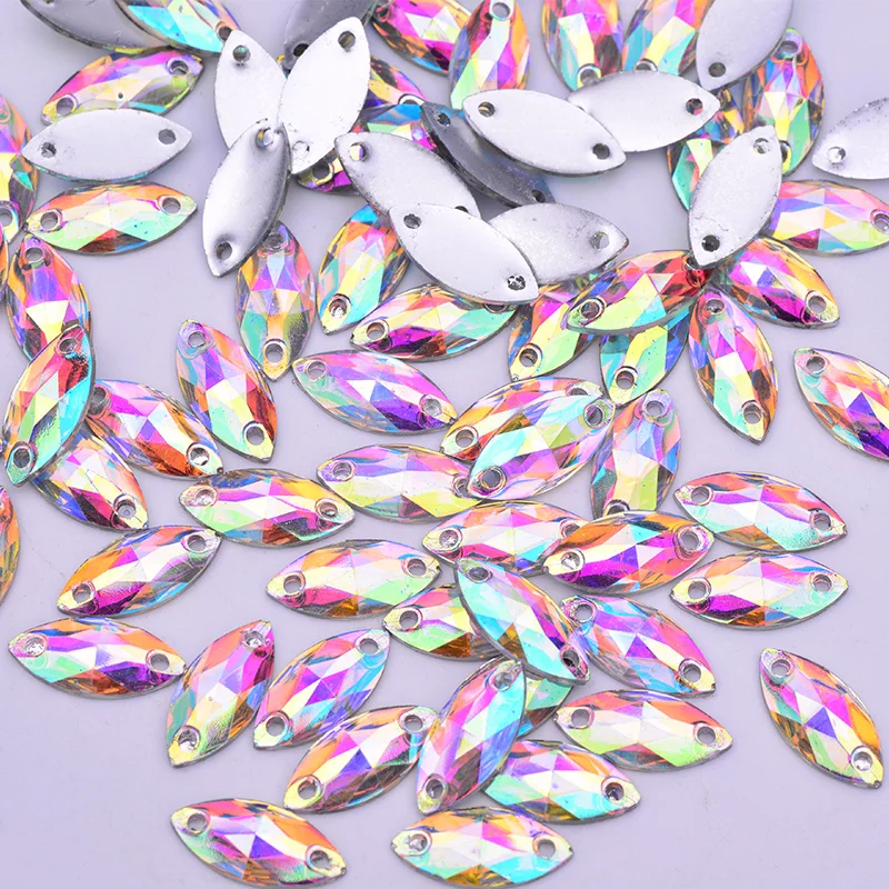 JUNAO 100pcs 9*20mm Sew On Crystal AB Horse Eye Rhinestone Applique Flatback Fancy Resin Crystal Stones Needlework Strass Crafts