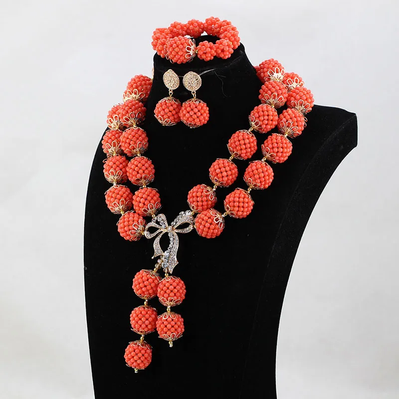 New Coral Bead Balls Elegant Women Bridal Coral Necklace Jewelry Set Nigerian Wedding Costume Jewelry Set Christmas Gift ABH681