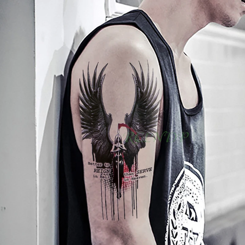 กันน้ำชั่วคราว Tattoo สติกเกอร์ Grim Reaper Hell Wing Dark Angel Tattoo Flash Tattoo Fake รอยสักบนแขนกลับสำหรับชายผู้หญิง