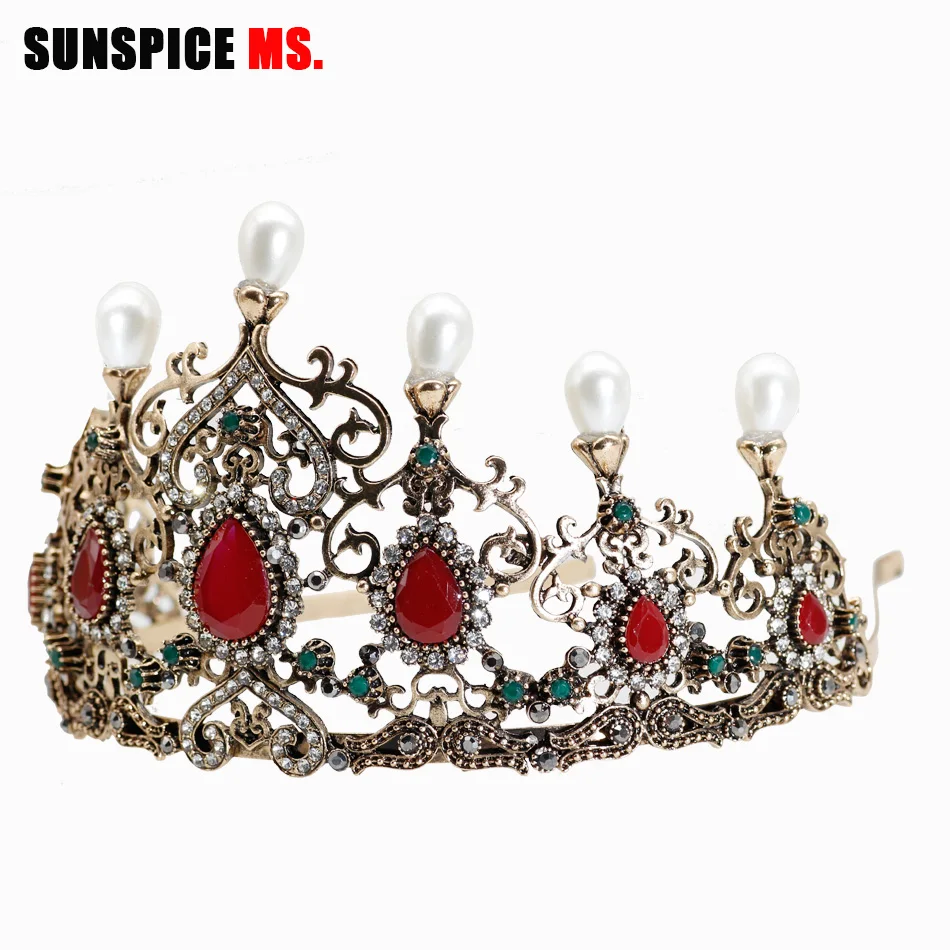 Sunspicems Vintage Turkish Crystal Pearl Tiara Bridal Crown Boehmia Wedding Hair Accessories Party Jewelry Big Headbands