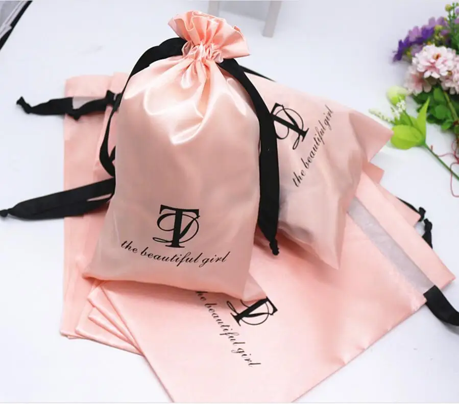 

high quality human hair veave packaging bag small satin drawstring jewelry bag custom satin bag for wig