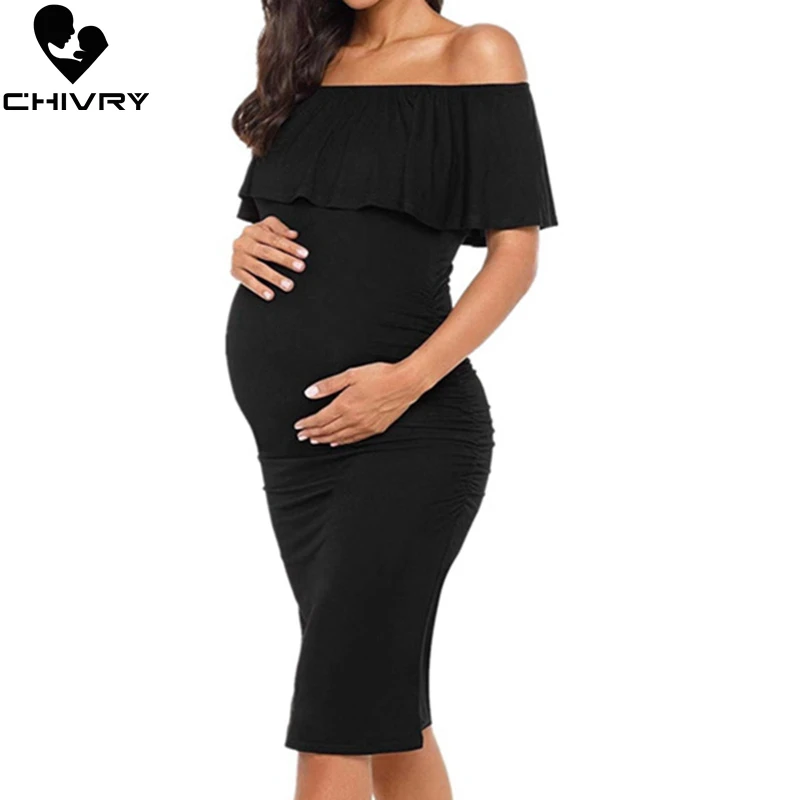 Chivry Pregnant Women Pregnancy Dress Fashion Short Sleeve Slash Neck Solid Ruffles Mama Dress Maternity Clothing Dresses