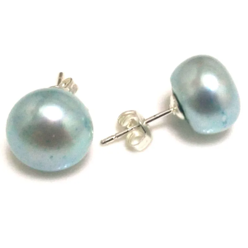 11-12mm Light Blue Natural Cultured Freshwater Button Pearl 925 Sterling Silver Earring