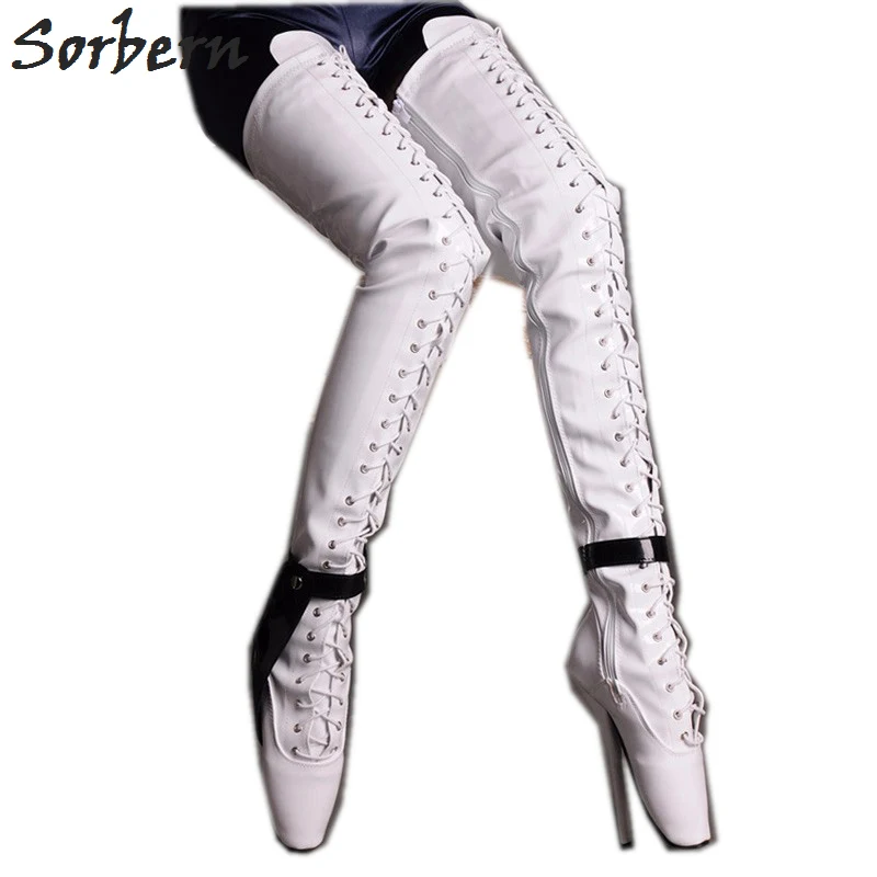 

Sorbern 7 Inch High Heel Thigh High Boots Ballet Heels Black/White Sexy Fetish Booties For Women Crotch Boots 18Cm Heel