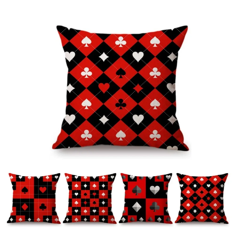 Red Black Chess Board Diamond Poker Card Suits Scotish Checks Home Decorative Throw Pillow Cover Cotton Linen Sofa Cushion Cover