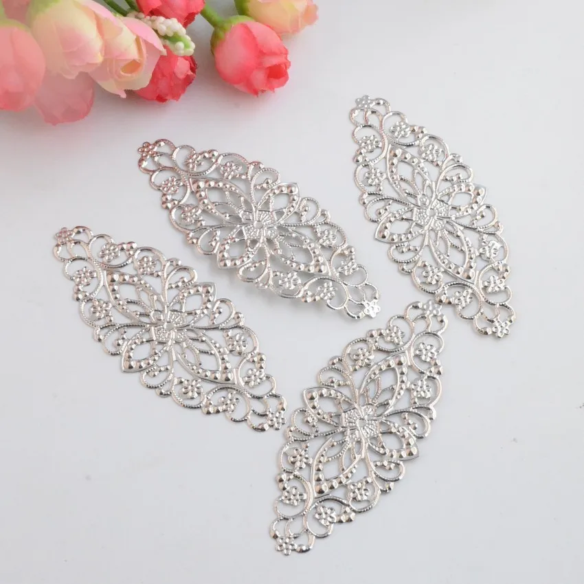 

MIAOCHI 30Pcs Silver Tone Filigree Flower Wraps Connectors Metal Crafts Gift Decoration DIY Findings 8x3.5cm J3100