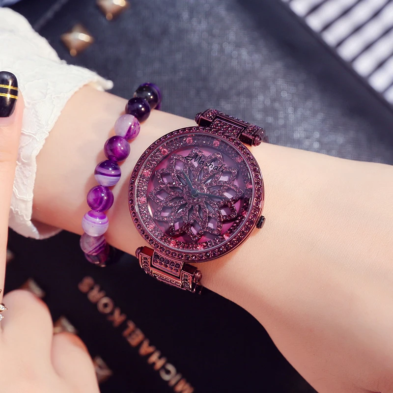 Running Watches with Diamond Stone Women Purple Steel watchband Individual ladies Waterproof Fashion Style quartz watch