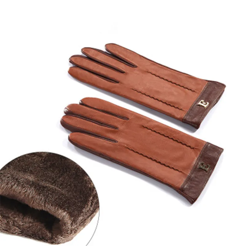 Genuine Leather Women Gloves Female Elegant Two Tones Sheepskin Gloves Autumn Winter Warm Plush Lined 3326