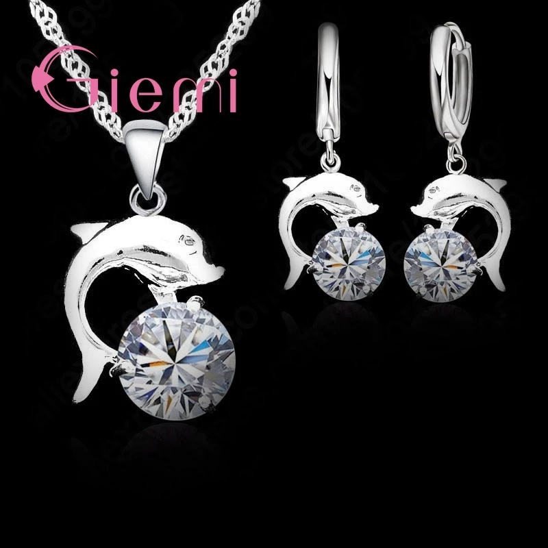 Cute Dolphin Shape Animal Pattern Crystal Stone Necklace Earrings Wedding Ceremony Jewelry Set 925 Sterling Silver