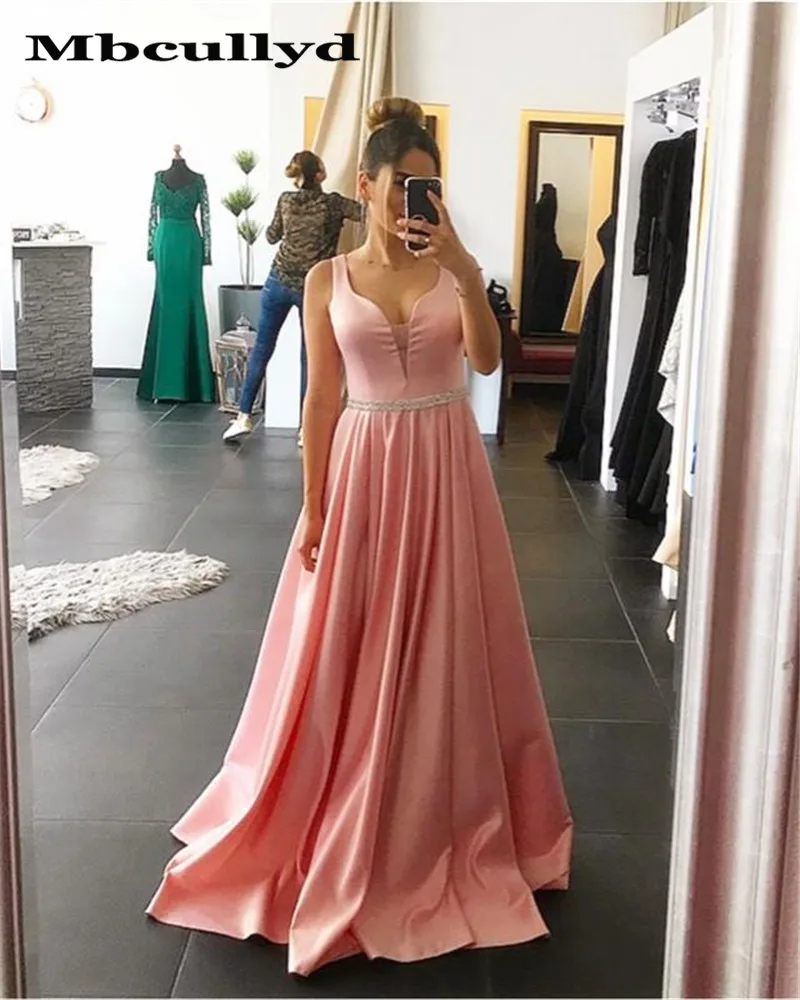 

Mbcullyd Pink Long Evening Dress 2023 Glamorous V-neck Beading Bodice Sexy Prom Gowns Free Shipping vestidos de fiesta de noche