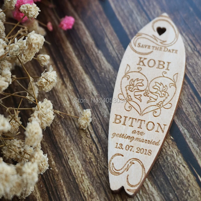 

Personalised Wooden SURFBOARD Shaped Wedding / CP Save the Date Fridge Magnets