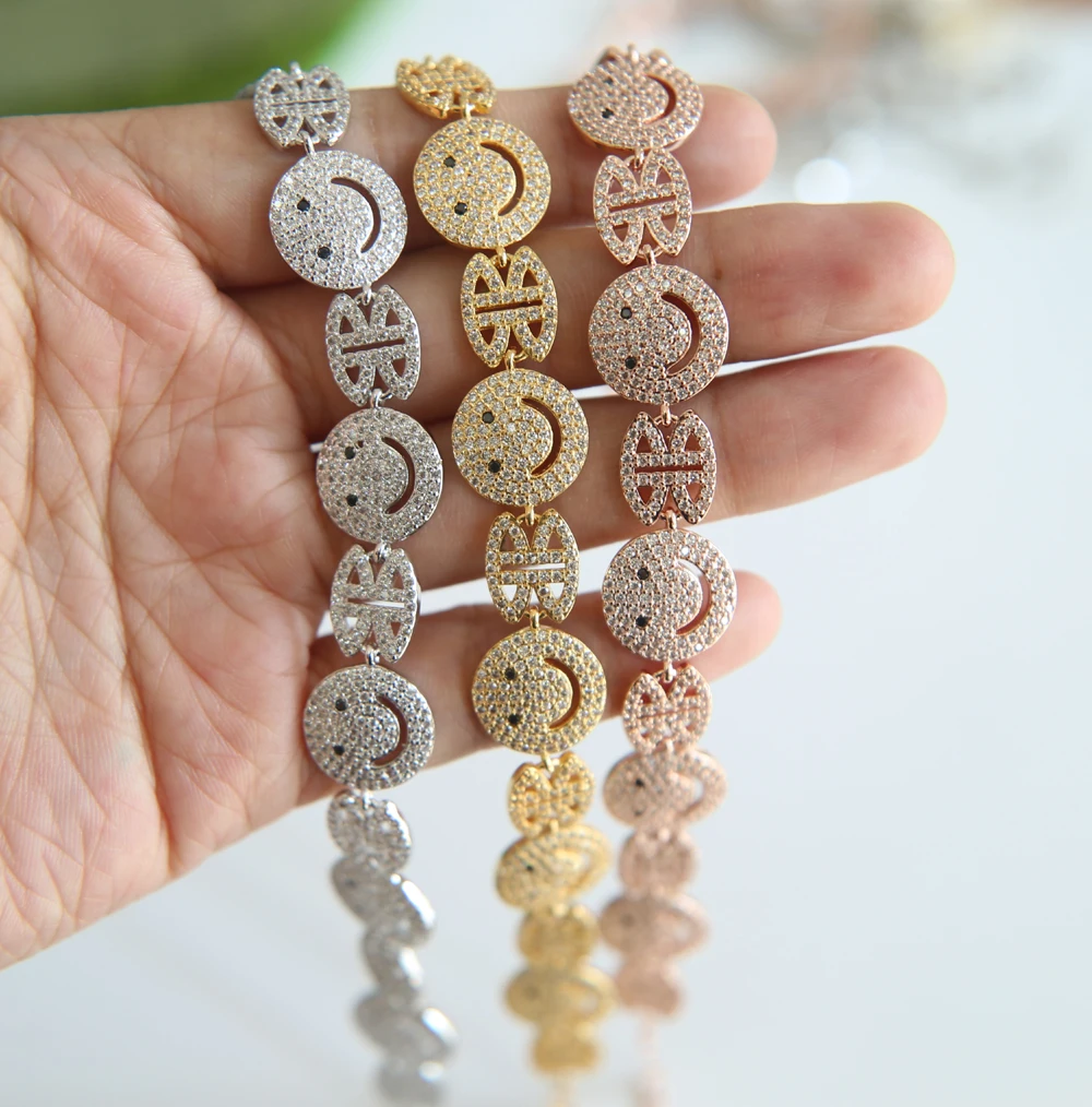 Hot Brand Woman 2017 new Sparking micro pave clear zirconia Happy face happy link chain unique stylish bracelet