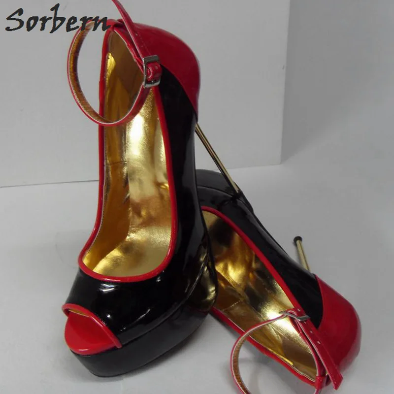 Sorbern 16Cm Gold Steel Heels Shoes Women Pumps Sexy Peep Toe Size 33-52 High Heels Ankle Straps Black And Red Big Size Shoes