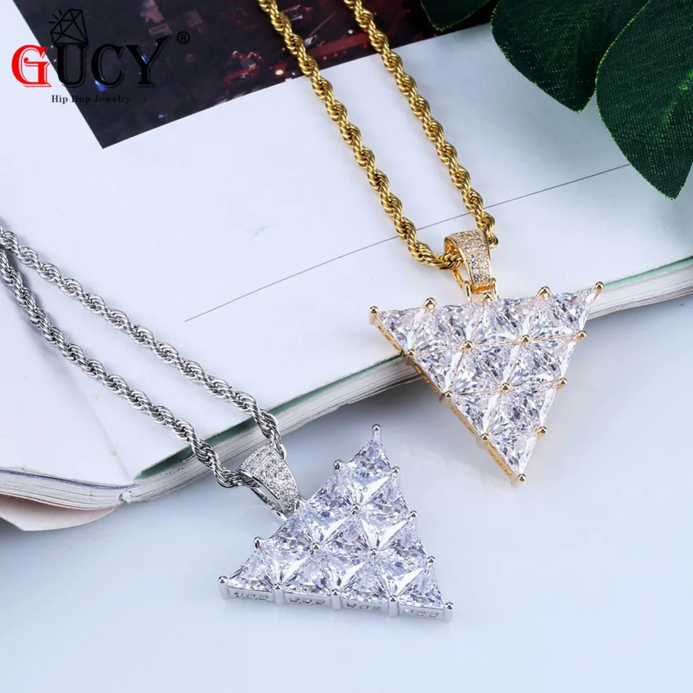 GUCY Hip Hop Inverted Triangle Pendant Necklace Copper Micro Pave AAA+ CZ Charm Jewelry For Men Women