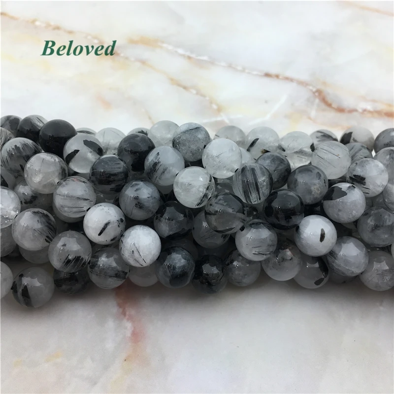 Genuine Round Black Rutilated Quartz Loose Beads, Smooth Hair Stone Divergent Crystal Gems Bead For Jewelry DIY, BG18139