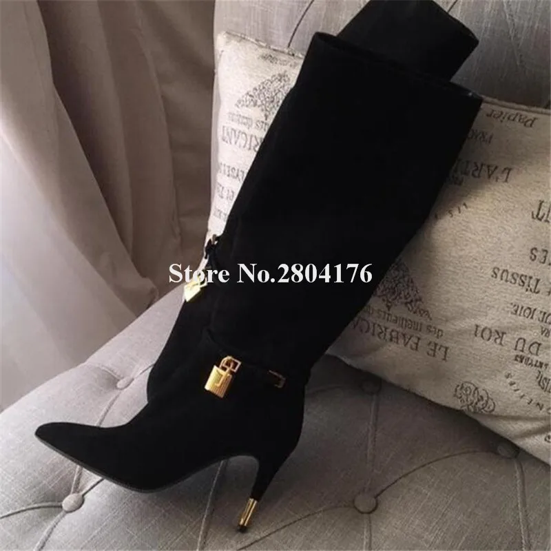 

Brand Design Women Fashion Pointed Toe Gold Lock Knee High Thin Heel Boots Strap Cross Long High Heel Boots Dress Shoes