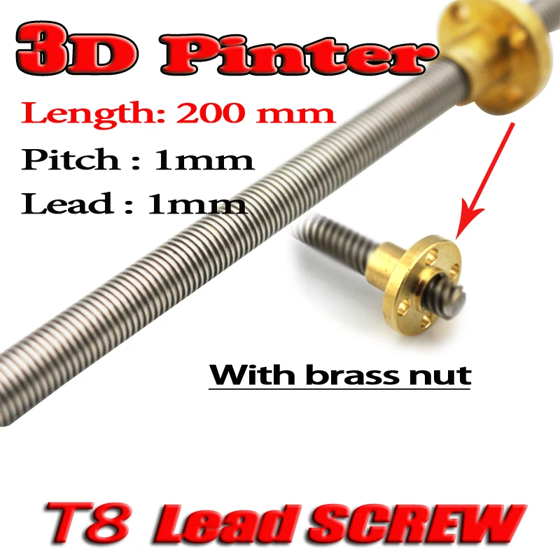 3D Printer T8 screw THSL-200-8D Trapezoidal Lead Screw Dia 8MM Pitch 1mm Lead 1mm Length 200mm with Copper Nut