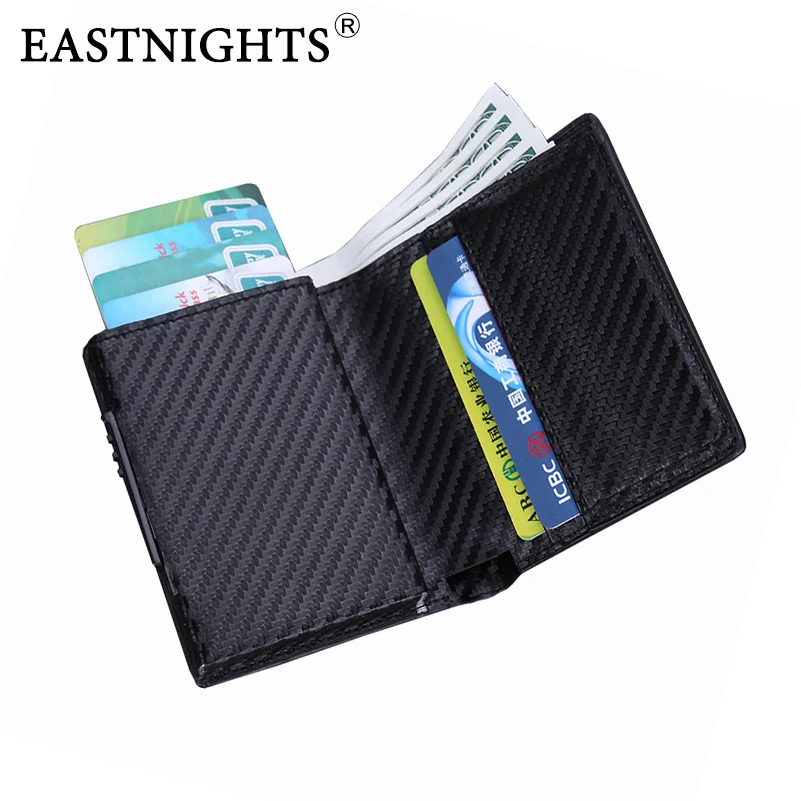 EASTNIGHTS Slim Carbon Fiber Wallet Pop Up Men Business Rfid Mini Metal ID Credit Card Holder Wallets Women Leather Wallet Case